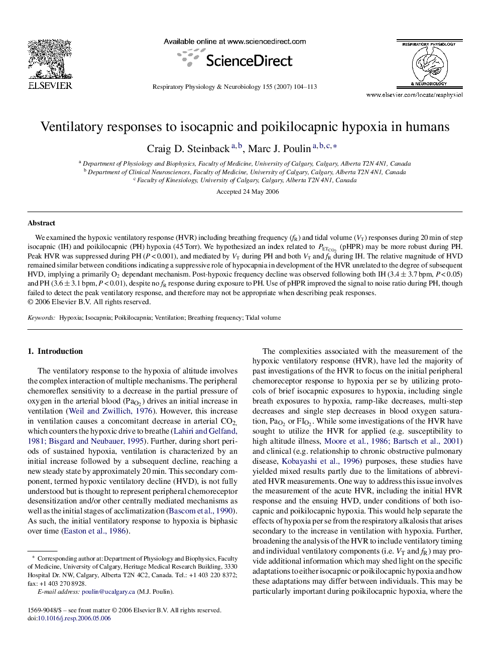 Ventilatory responses to isocapnic and poikilocapnic hypoxia in humans