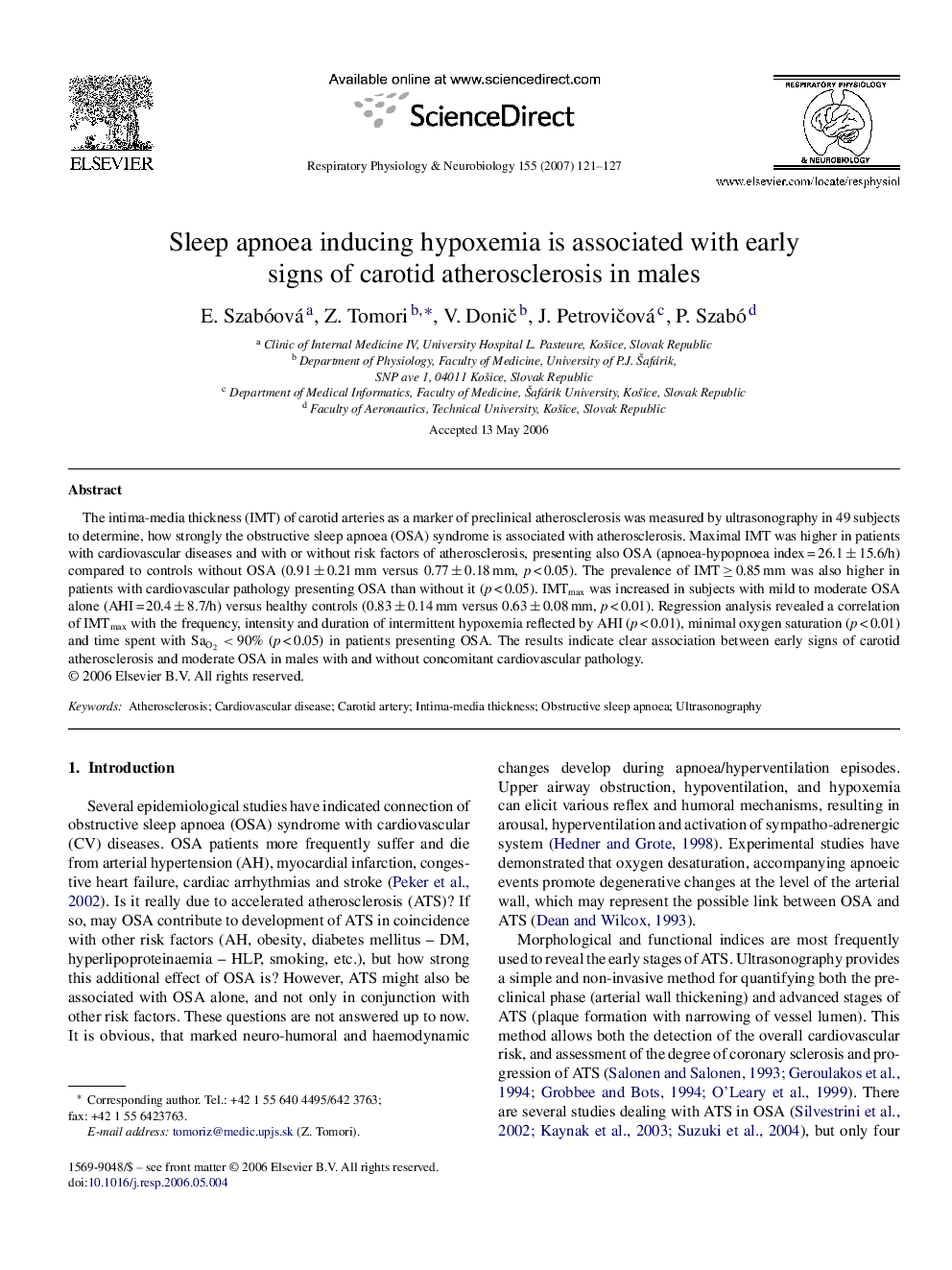 Sleep apnoea inducing hypoxemia is associated with early signs of carotid atherosclerosis in males