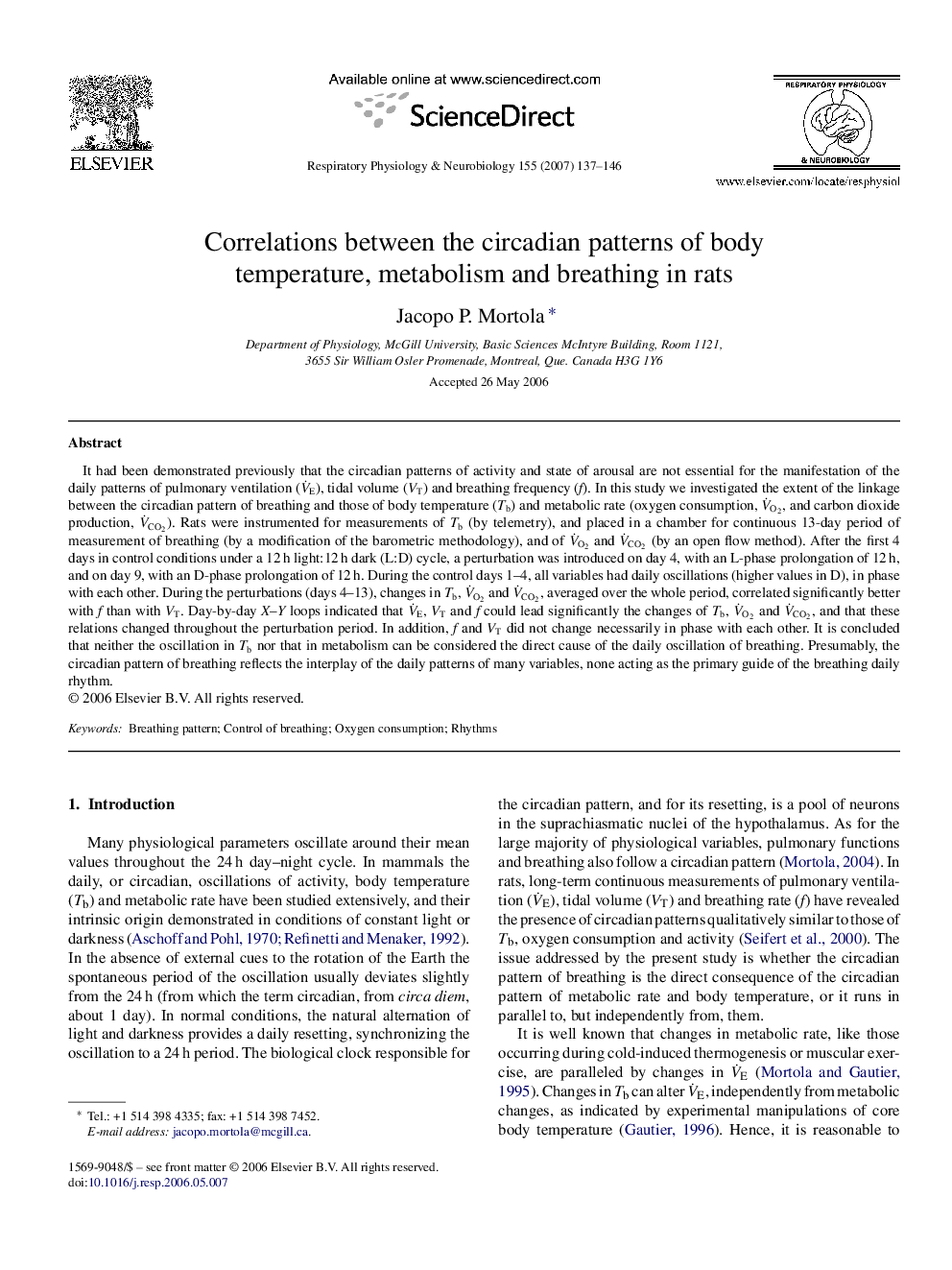 Correlations between the circadian patterns of body temperature, metabolism and breathing in rats