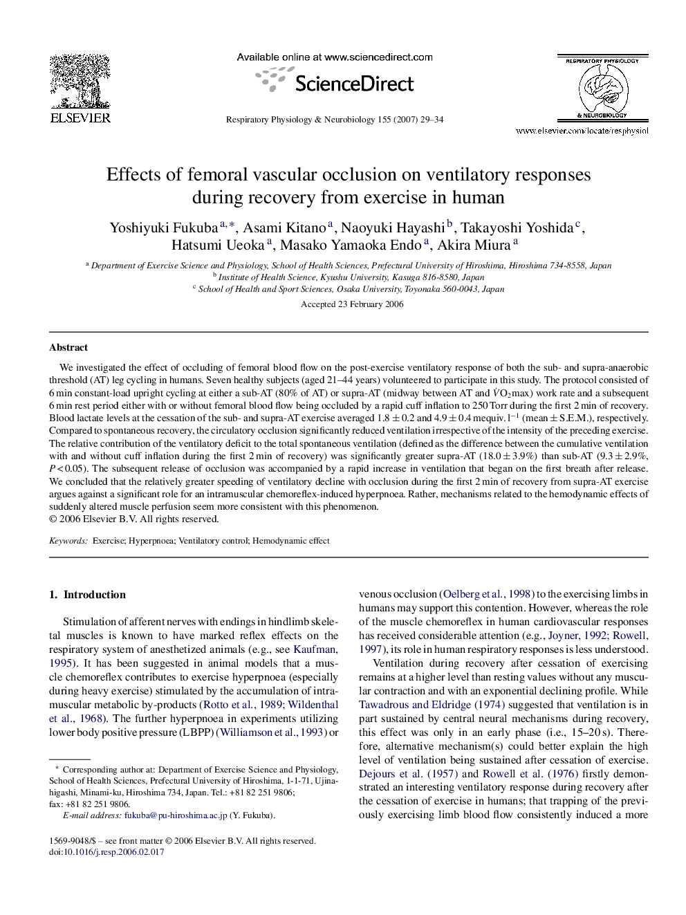 Effects of femoral vascular occlusion on ventilatory responses during recovery from exercise in human