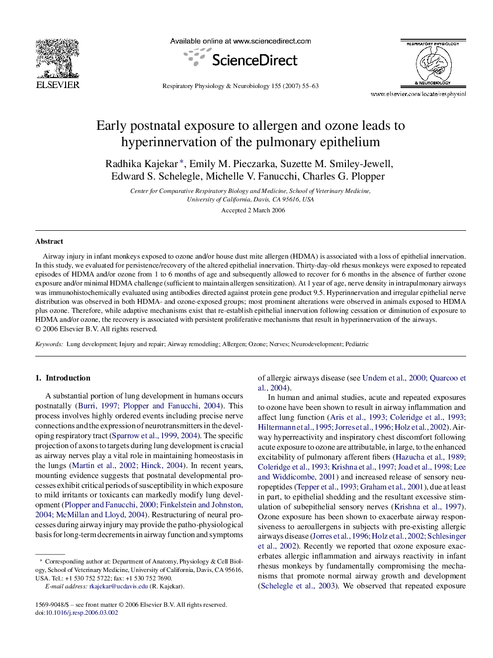 Early postnatal exposure to allergen and ozone leads to hyperinnervation of the pulmonary epithelium