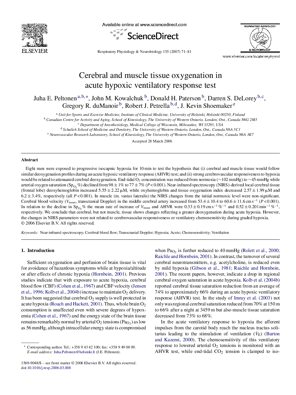 Cerebral and muscle tissue oxygenation in acute hypoxic ventilatory response test