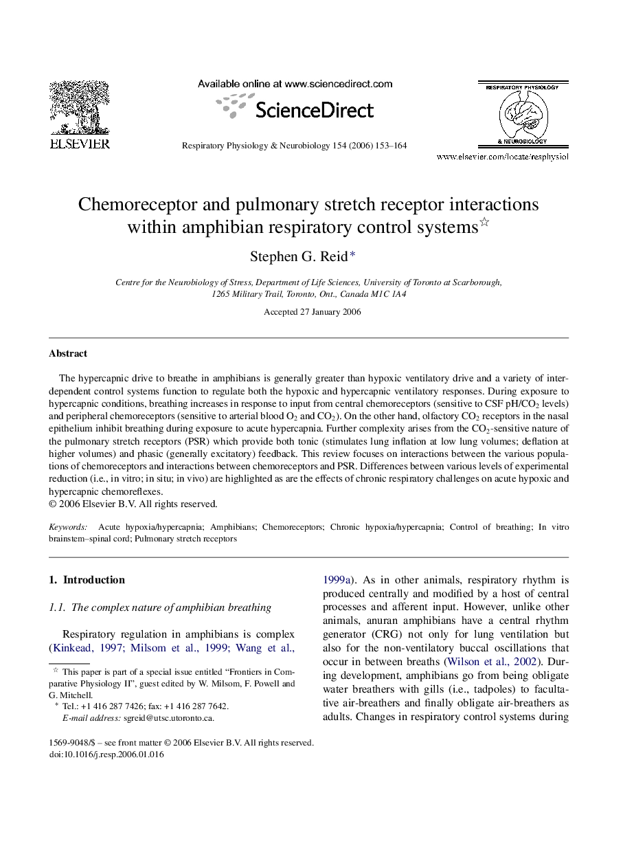 Chemoreceptor and pulmonary stretch receptor interactions within amphibian respiratory control systems 