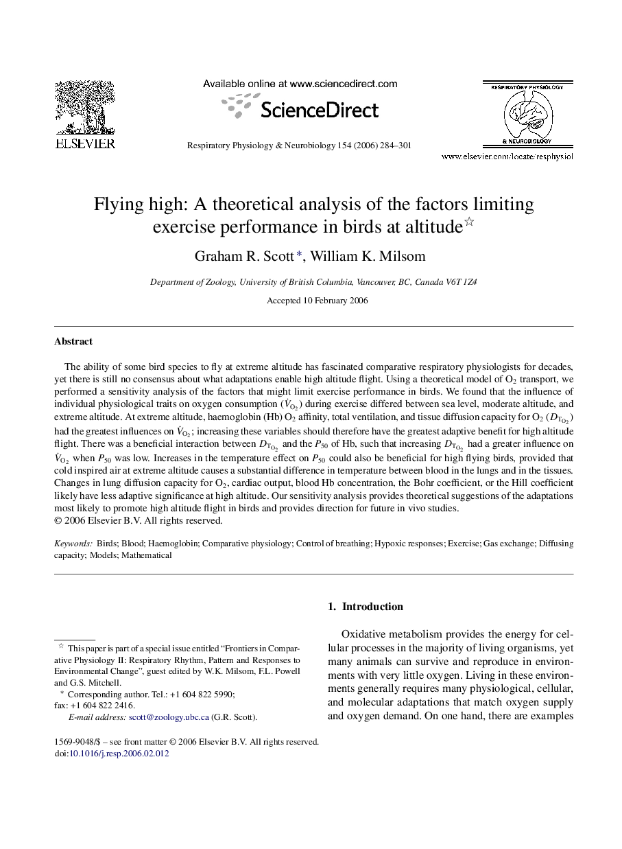 Flying high: A theoretical analysis of the factors limiting exercise performance in birds at altitude 