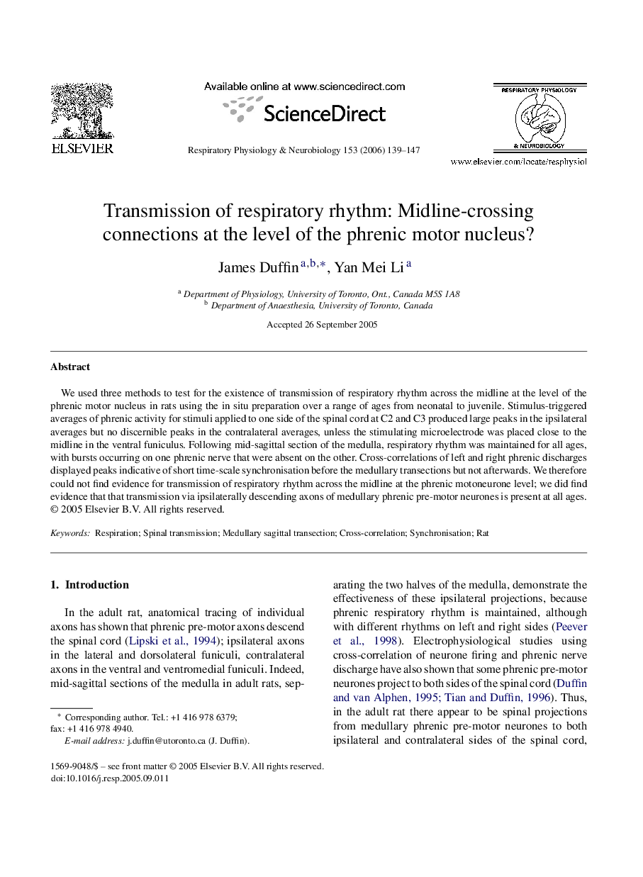 Transmission of respiratory rhythm: Midline-crossing connections at the level of the phrenic motor nucleus?