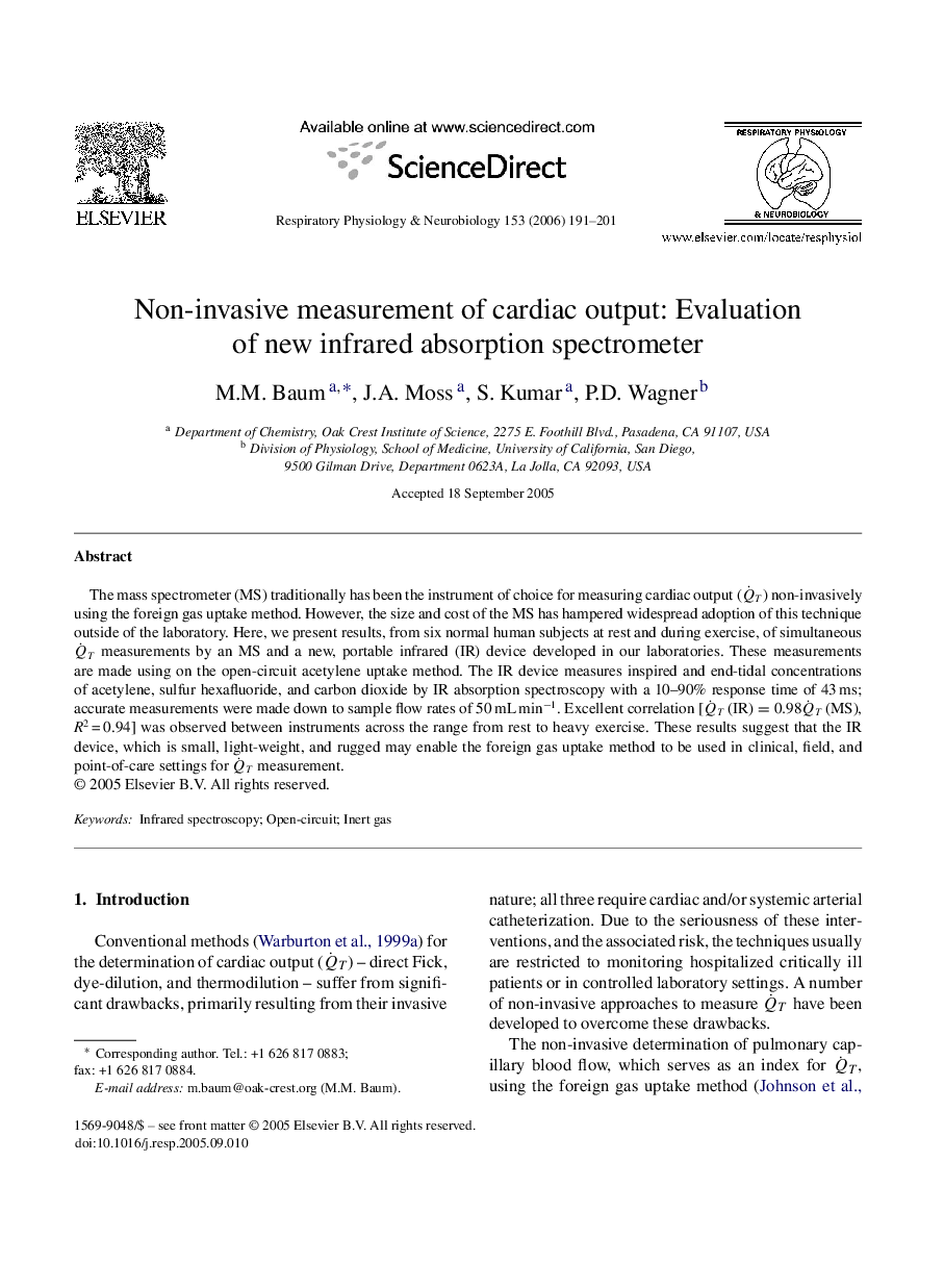 Non-invasive measurement of cardiac output: Evaluation of new infrared absorption spectrometer