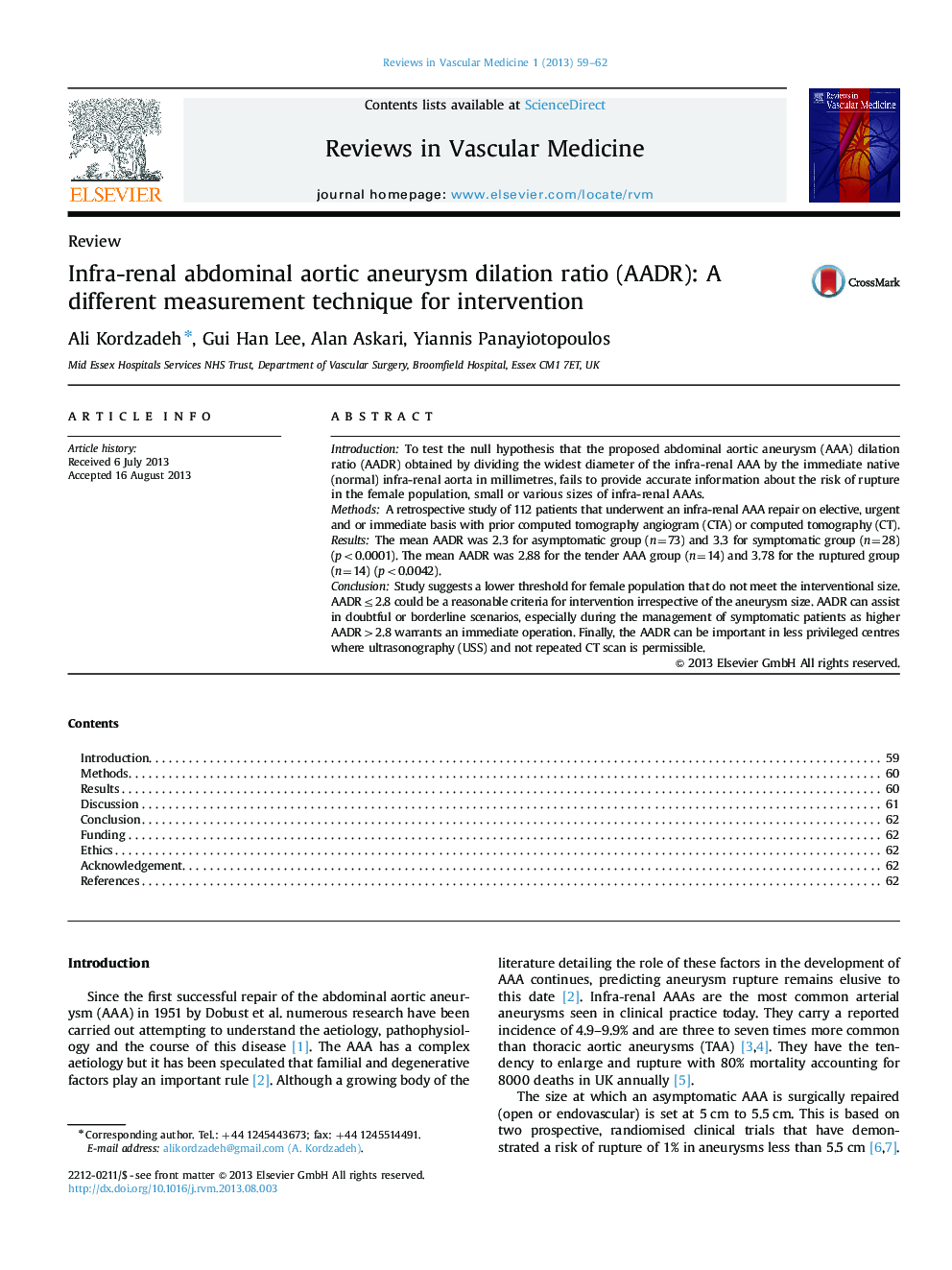 عکس صفحه اول مقاله: Infra-renal abdominal aortic aneurysm dilation ratio (AADR): A different measurement technique for intervention Infra-renal abdominal aortic aneurysm dilation ratio (AADR): A different measurement technique for intervention