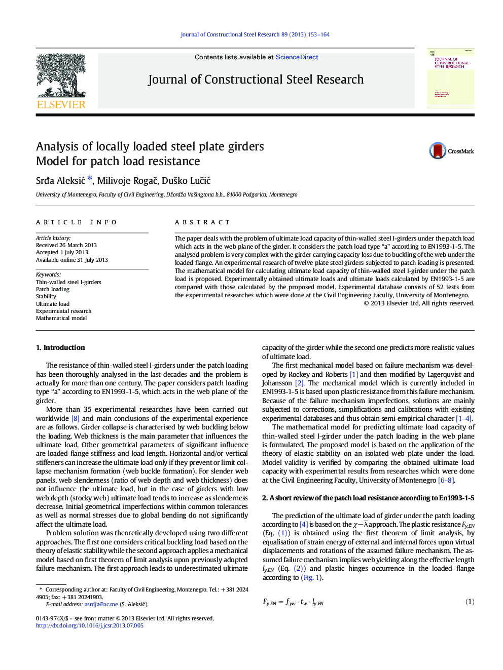 Analysis of locally loaded steel plate girders: Model for patch load resistance