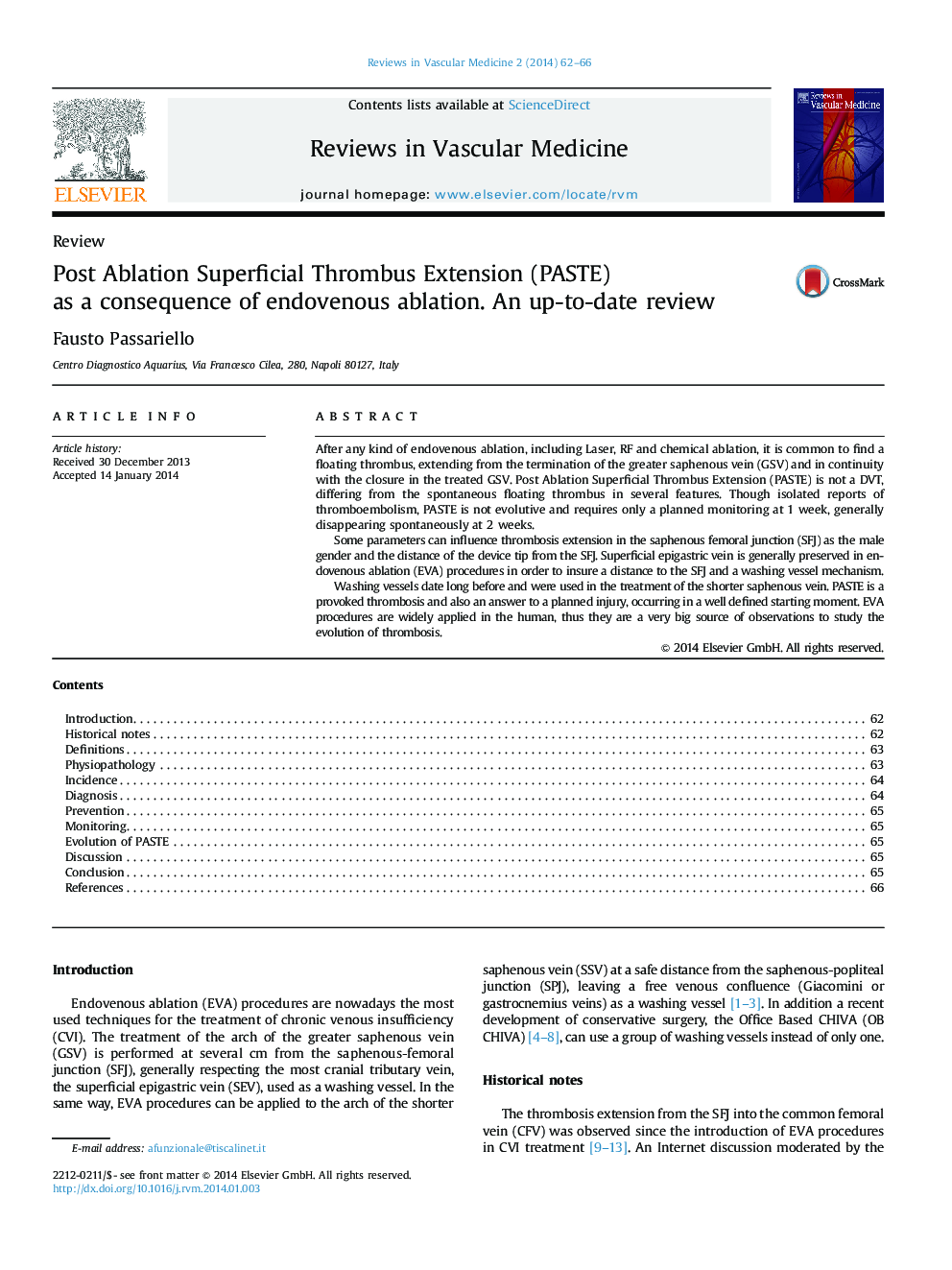 عکس صفحه اول مقاله: Post Ablation Superficial Thrombus Extension (PASTE) as a consequence of endovenous ablation. An up-to-date review Post Ablation Superficial Thrombus Extension (PASTE) as a consequence of endovenous ablation. An up-to-date review