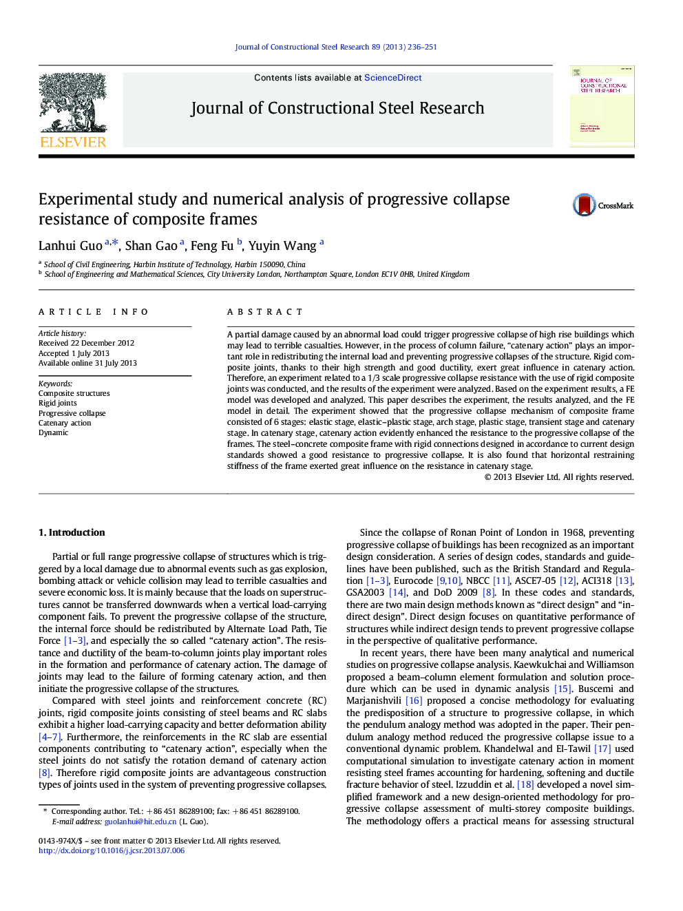 Experimental study and numerical analysis of progressive collapse resistance of composite frames