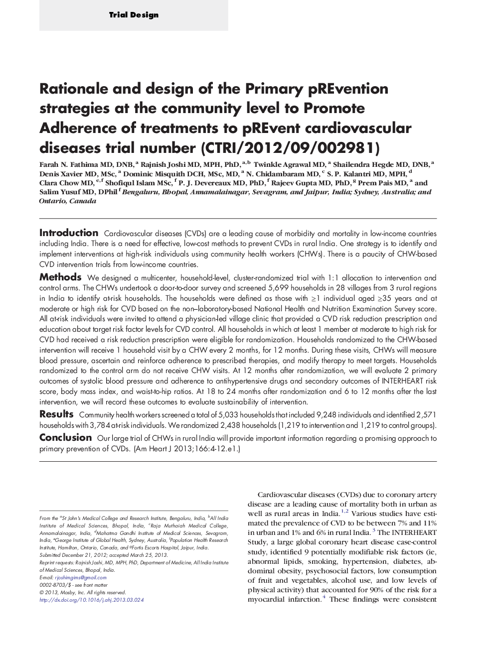 Rationale and design of the Primary pREvention strategies at the community level to Promote Adherence of treatments to pREvent cardiovascular diseases trial number (CTRI/2012/09/002981)