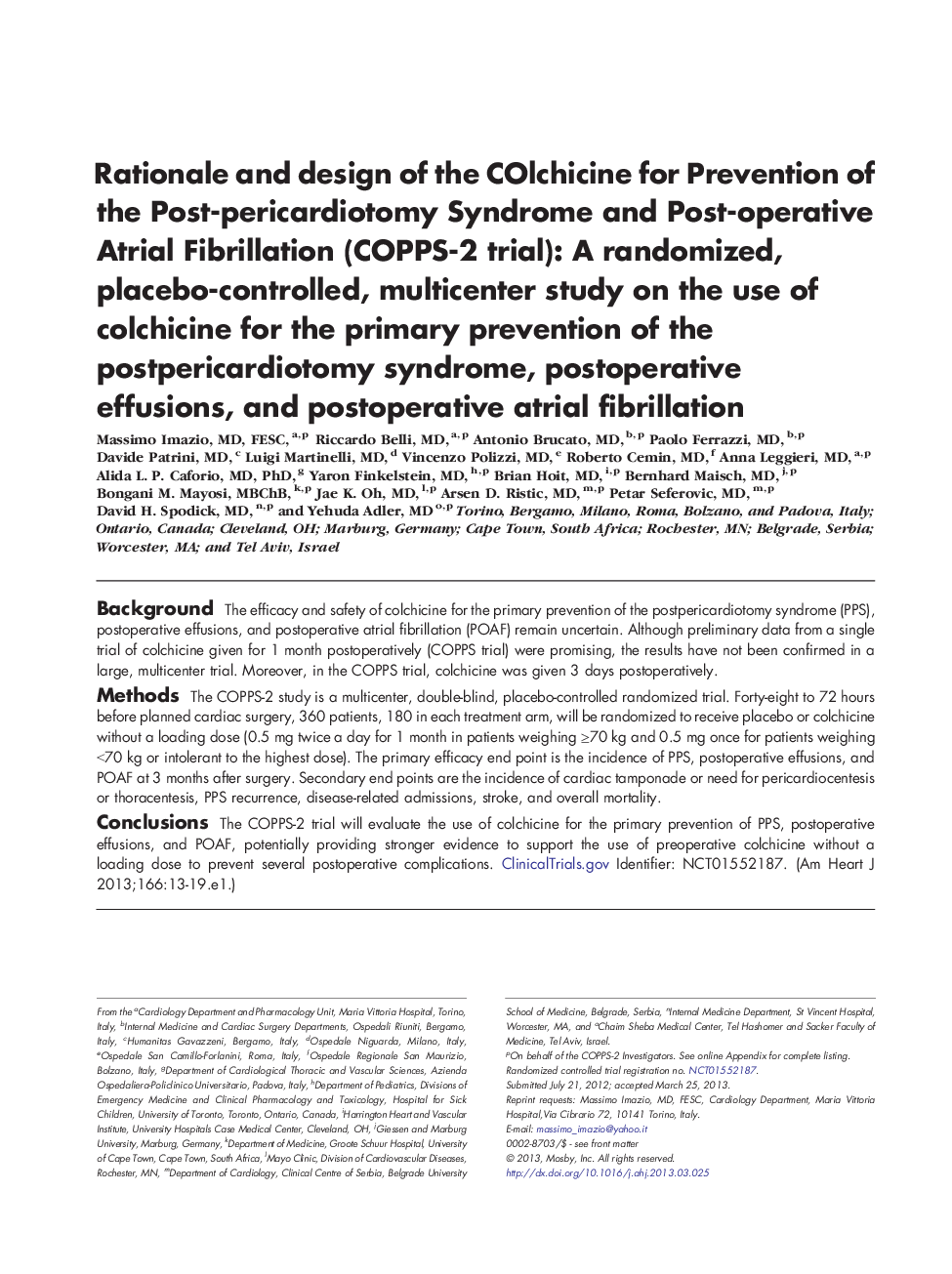 Rationale and design of the COlchicine for Prevention of the Post-pericardiotomy Syndrome and Post-operative Atrial Fibrillation (COPPS-2 trial): A randomized, placebo-controlled, multicenter study on the use of colchicine for the primary prevention of th