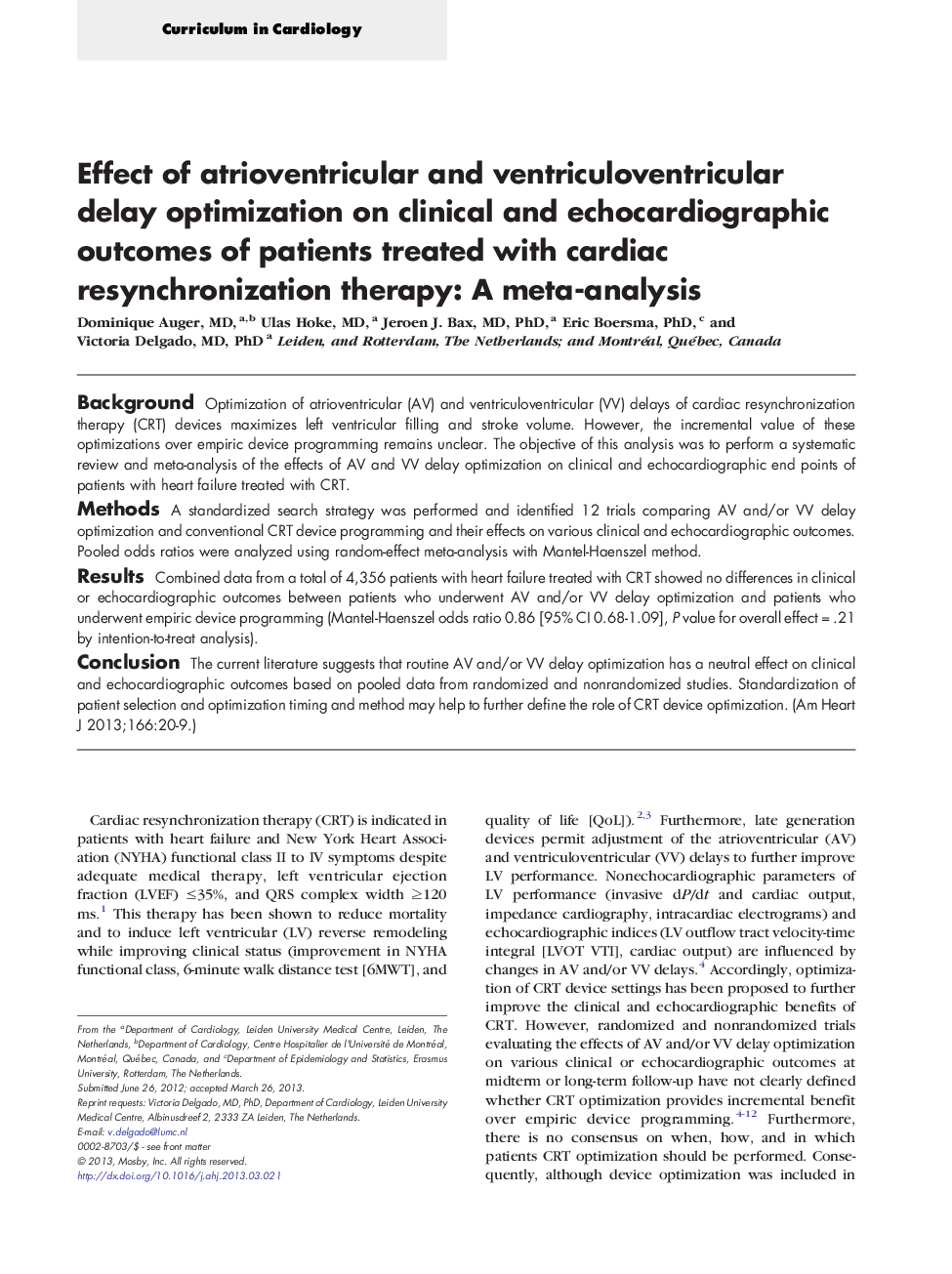Effect of atrioventricular and ventriculoventricular delay optimization on clinical and echocardiographic outcomes of patients treated with cardiac resynchronization therapy: A meta-analysis