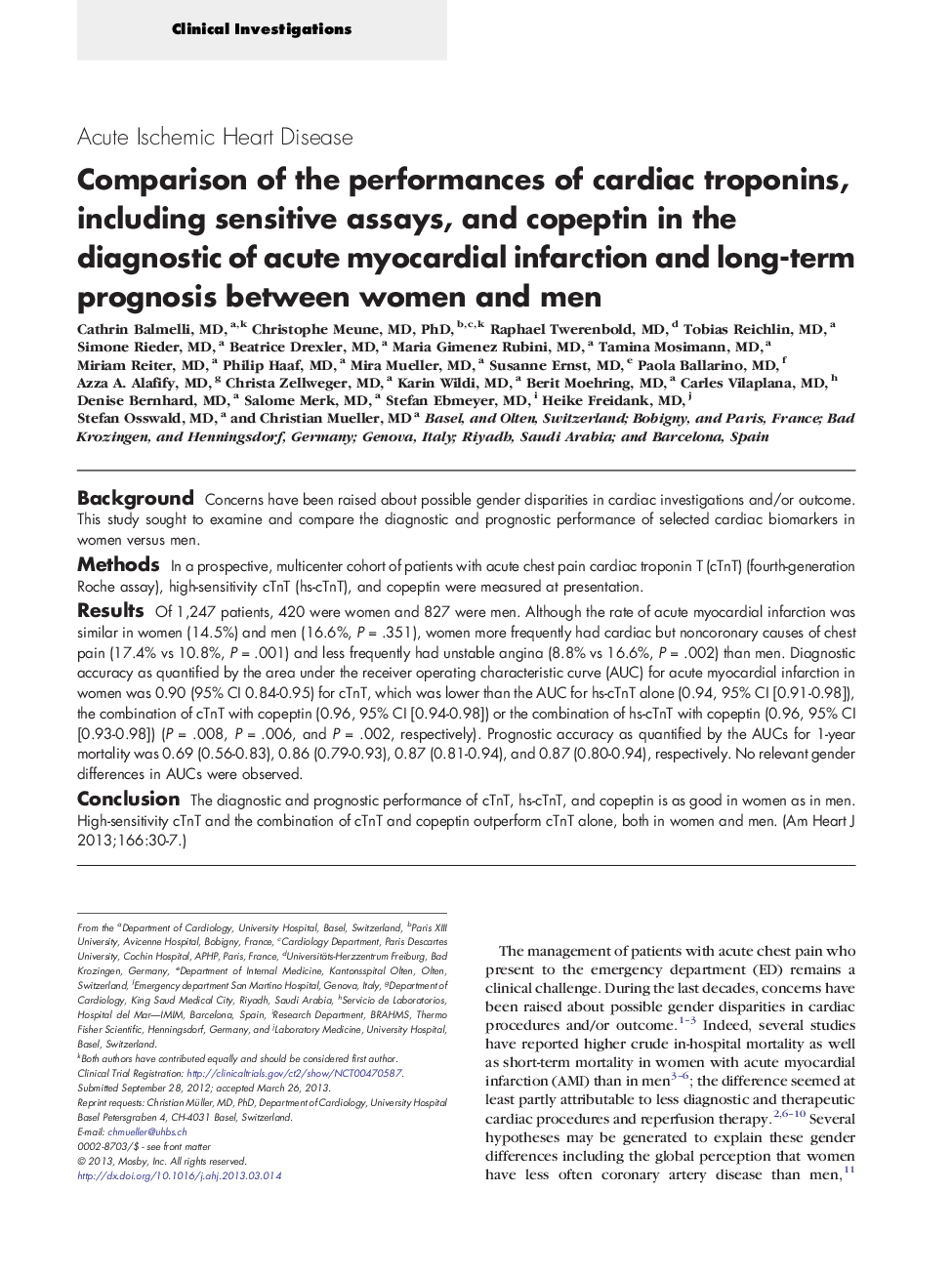 Comparison of the performances of cardiac troponins, including sensitive assays, and copeptin in the diagnostic of acute myocardial infarction and long-term prognosis between women and men 