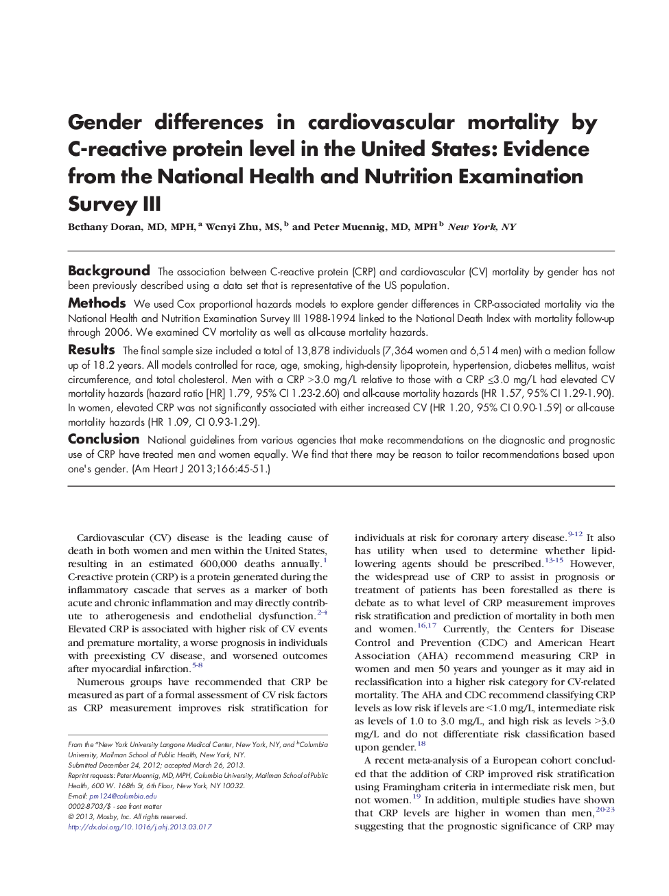 Gender differences in cardiovascular mortality by C-reactive protein level in the United States: Evidence from the National Health and Nutrition Examination Survey III