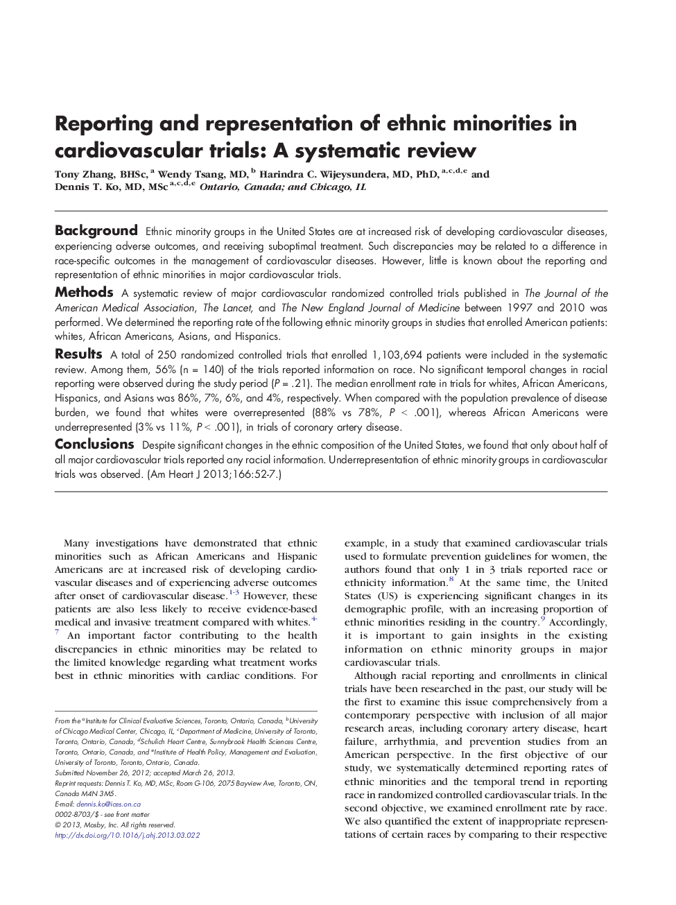Reporting and representation of ethnic minorities in cardiovascular trials: A systematic review