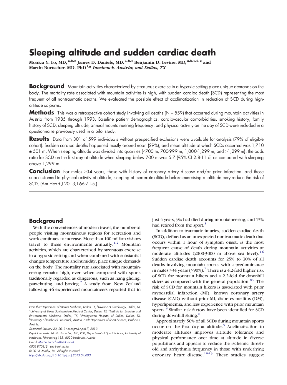 Sleeping altitude and sudden cardiac death