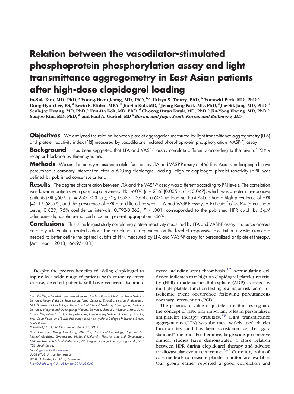 Relation between the vasodilator-stimulated phosphoprotein phosphorylation assay and light transmittance aggregometry in East Asian patients after high-dose clopidogrel loading