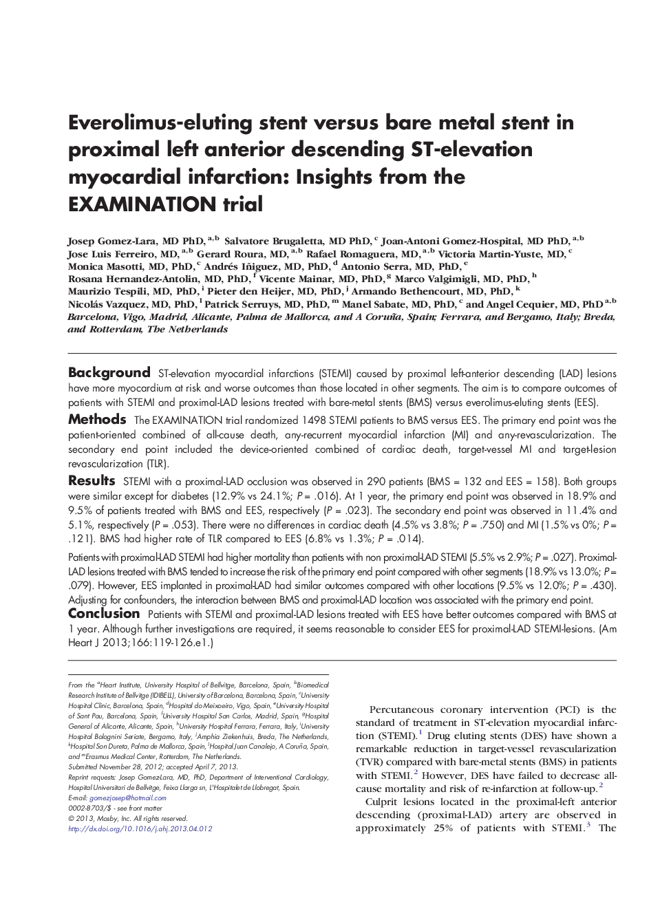 Everolimus-eluting stent versus bare metal stent in proximal left anterior descending ST-elevation myocardial infarction