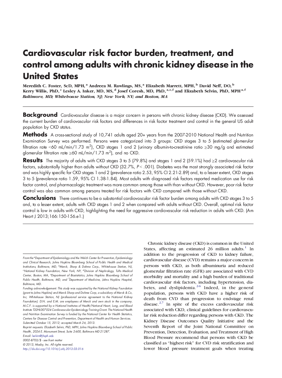Cardiovascular risk factor burden, treatment, and control among adults with chronic kidney disease in the United States