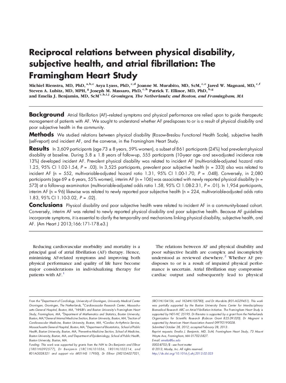 عکس صفحه اول مقاله: Reciprocal relations between physical disability, subjective health, and atrial fibrillation: The Framingham Heart Study Reciprocal relations between physical disability, subjective health, and atrial fibrillation: The Framingham Heart Study
