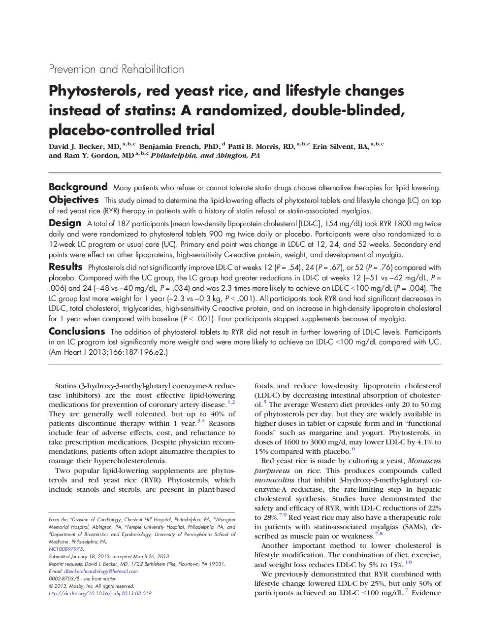 Phytosterols, red yeast rice, and lifestyle changes instead of statins: A randomized, double-blinded, placebo-controlled trial