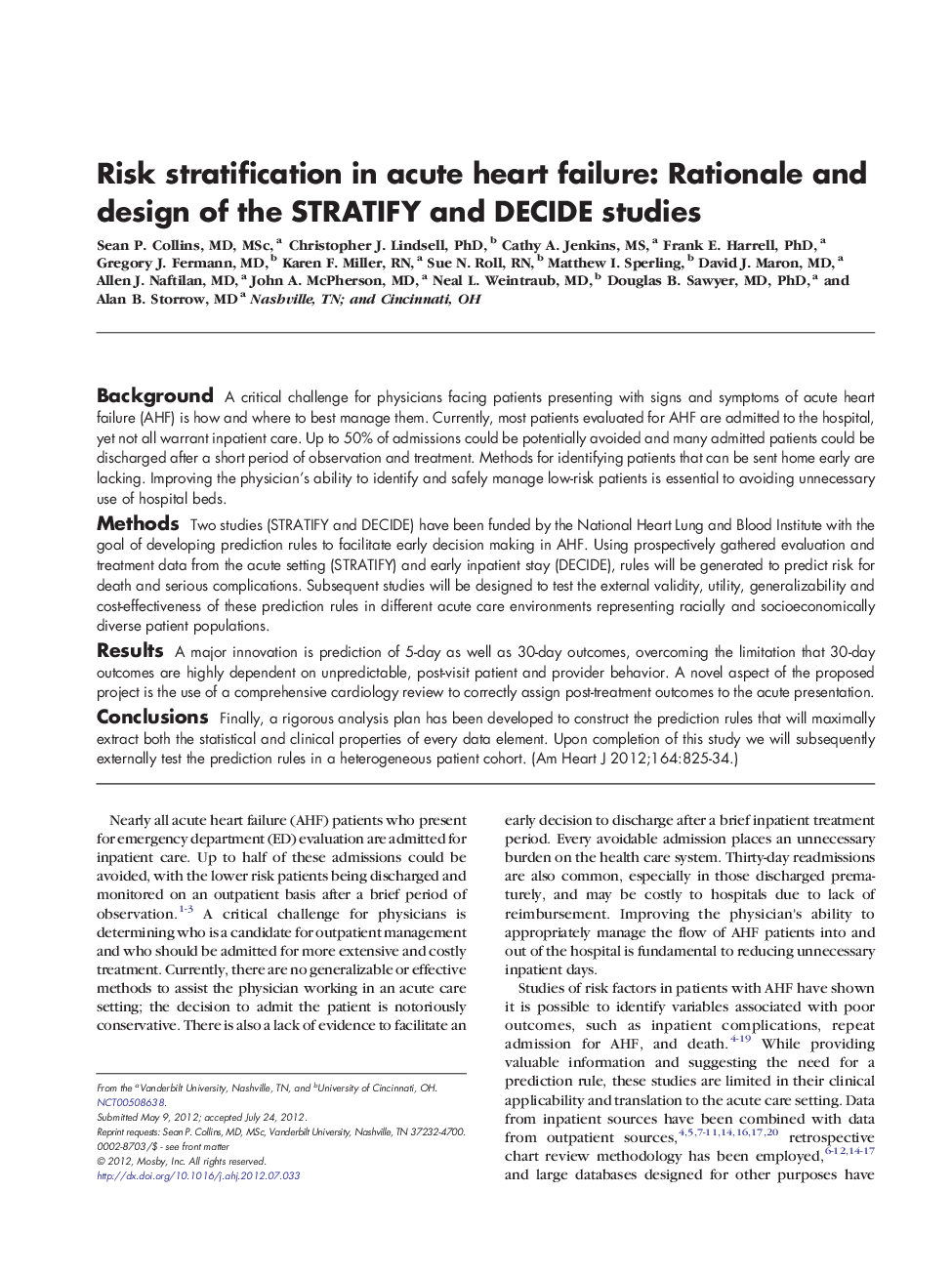 Risk stratification in acute heart failure: Rationale and design of the STRATIFY and DECIDE studies 