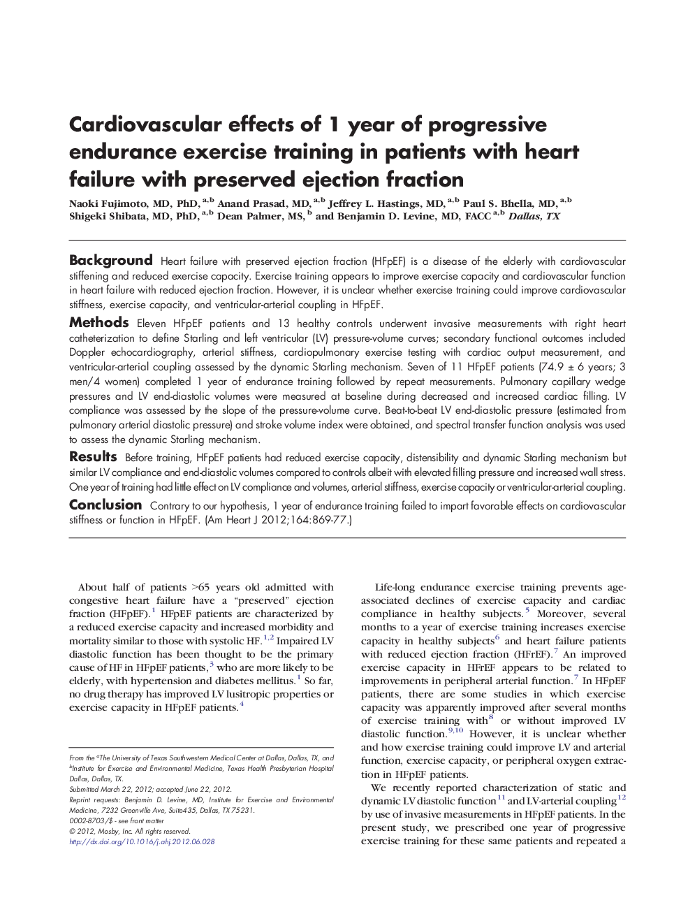 Cardiovascular effects of 1 year of progressive endurance exercise training in patients with heart failure with preserved ejection fraction