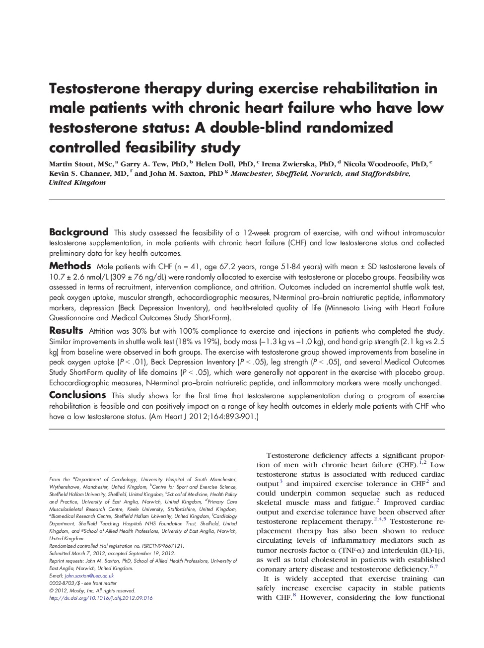 Testosterone therapy during exercise rehabilitation in male patients with chronic heart failure who have low testosterone status: A double-blind randomized controlled feasibility study 