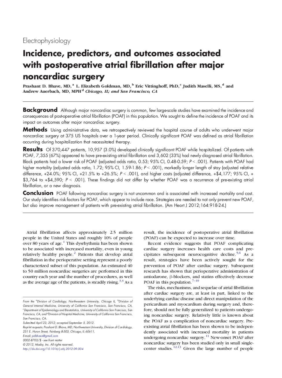 Incidence, predictors, and outcomes associated with postoperative atrial fibrillation after major noncardiac surgery