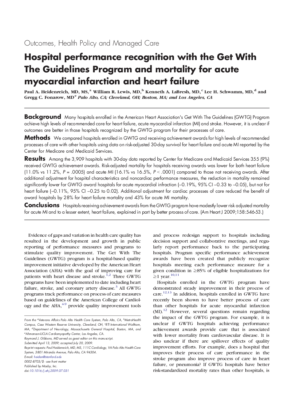Hospital performance recognition with the Get With The Guidelines Program and mortality for acute myocardial infarction and heart failure 