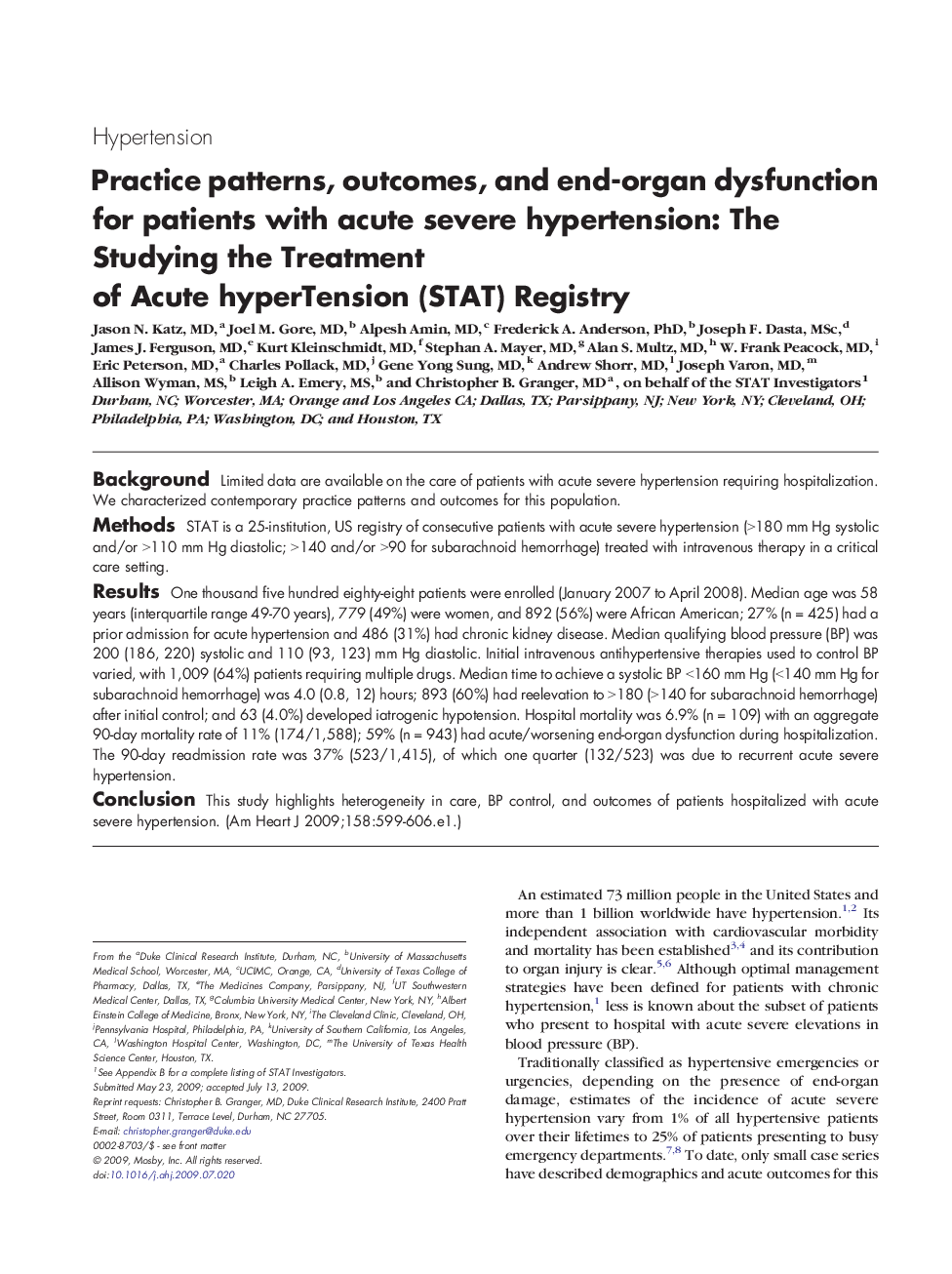 Practice patterns, outcomes, and end-organ dysfunction for patients with acute severe hypertension: The Studying the Treatment of Acute hyperTension (STAT) Registry