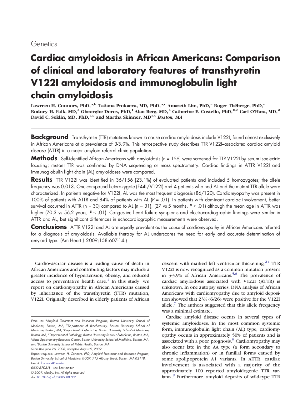 Cardiac amyloidosis in African Americans: Comparison of clinical and laboratory features of transthyretin V122I amyloidosis and immunoglobulin light chain amyloidosis
