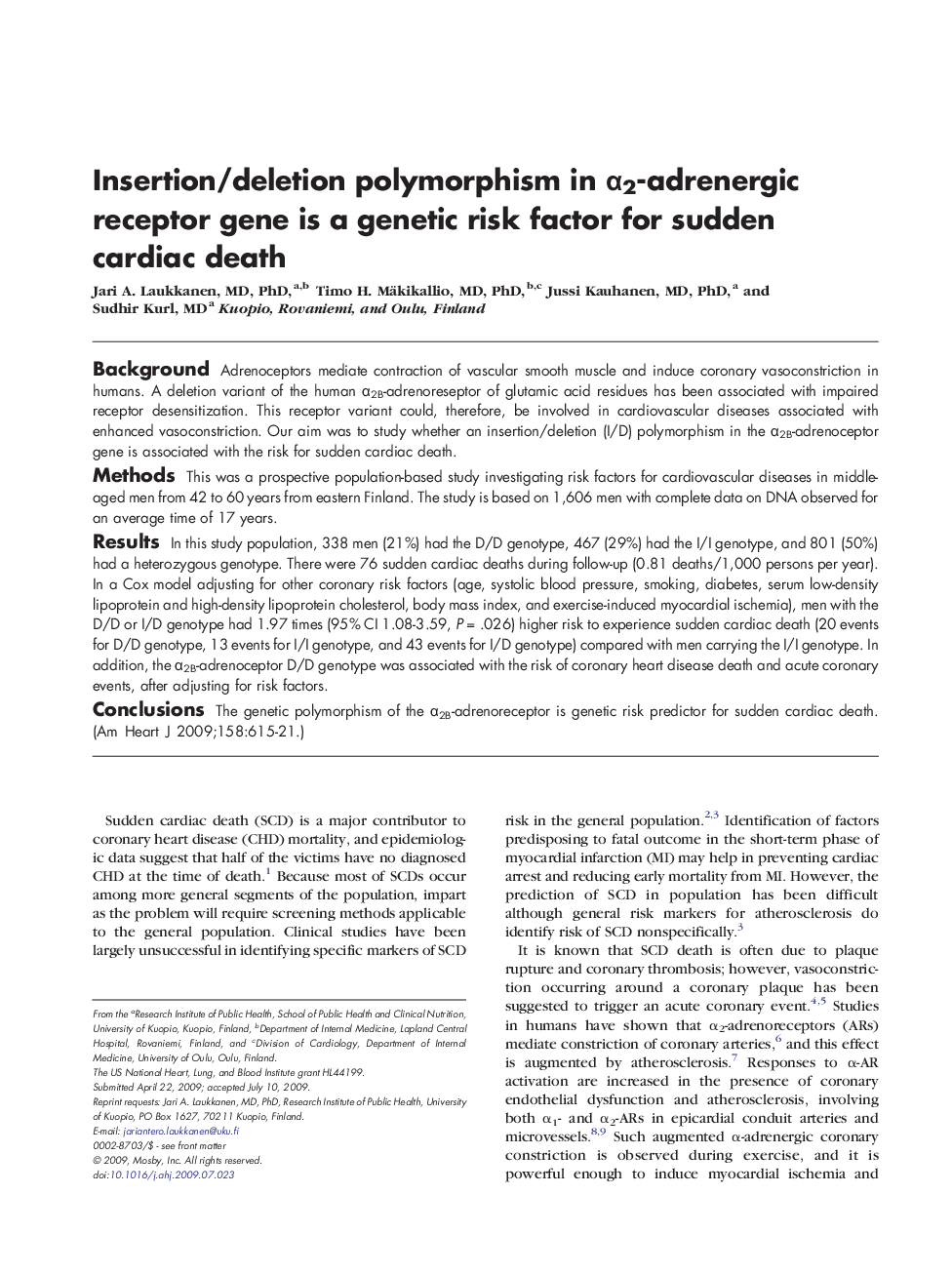 Insertion/deletion polymorphism in α2-adrenergic receptor gene is a genetic risk factor for sudden cardiac death 