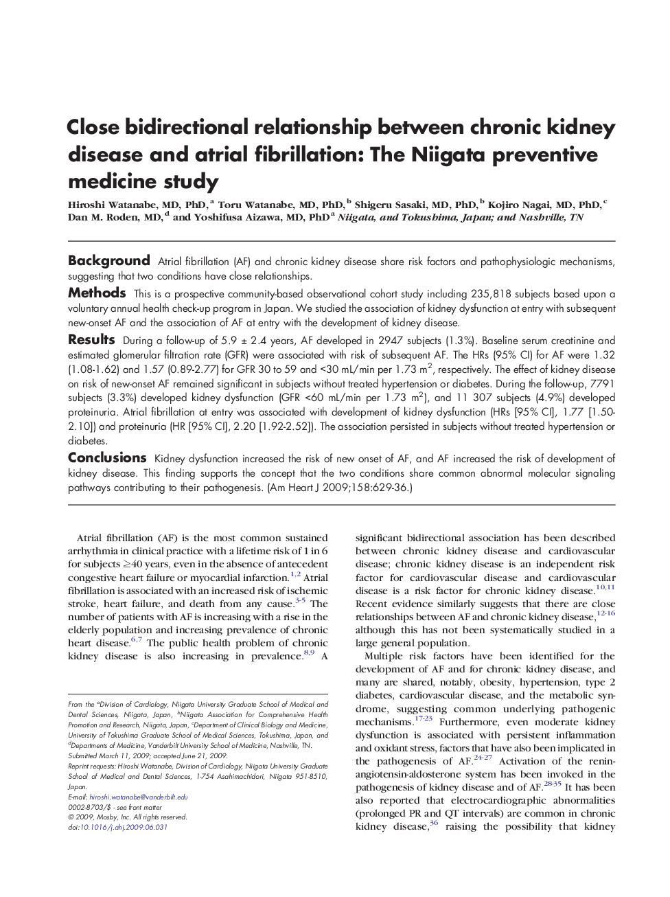 Close bidirectional relationship between chronic kidney disease and atrial fibrillation: The Niigata preventive medicine study