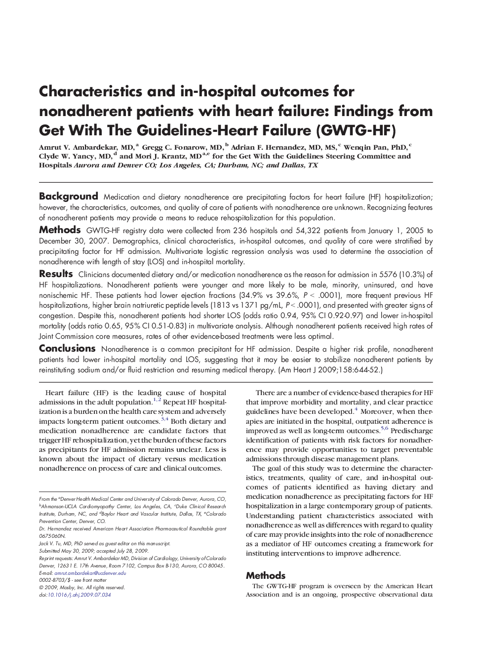 Characteristics and in-hospital outcomes for nonadherent patients with heart failure: Findings from Get With The Guidelines-Heart Failure (GWTG-HF) 