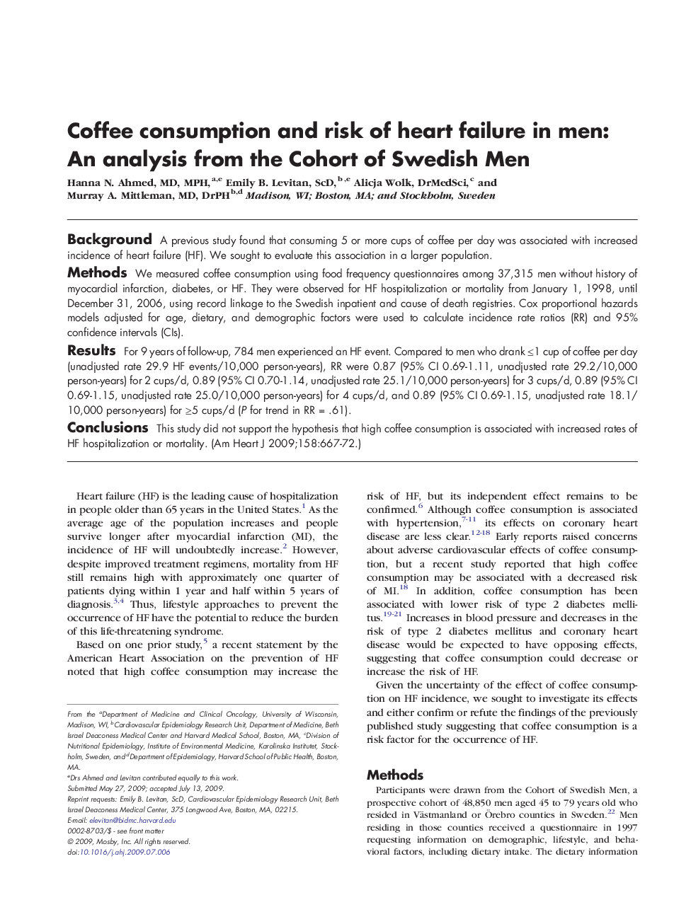 Coffee consumption and risk of heart failure in men: An analysis from the Cohort of Swedish Men
