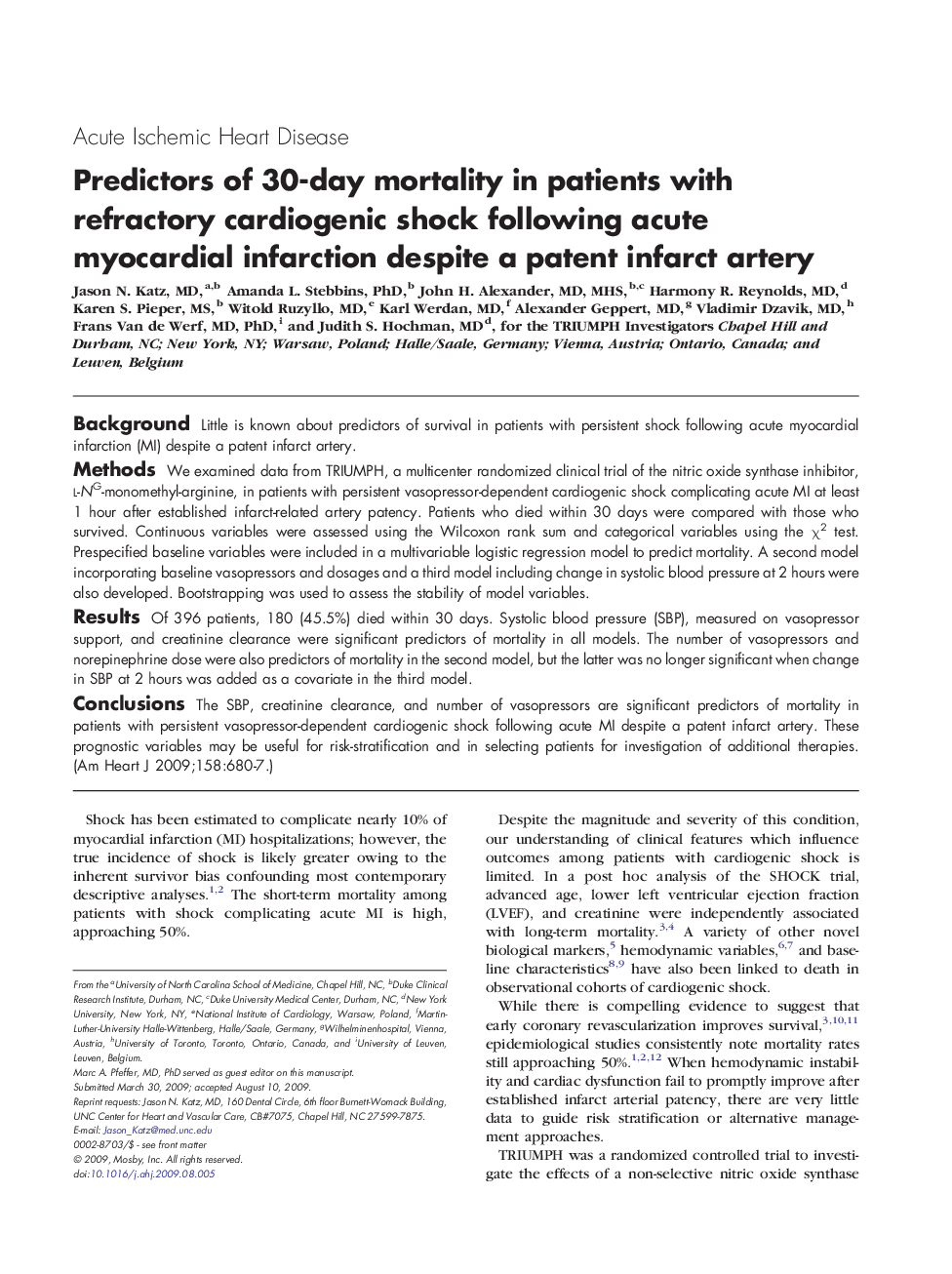 عکس صفحه اول مقاله: Predictors of 30-day mortality in patients with refractory cardiogenic shock following acute myocardial infarction despite a patent infarct artery Predictors of 30-day mortality in patients with refractory cardiogenic shock following acute myocardial infarction despite a patent infarct artery