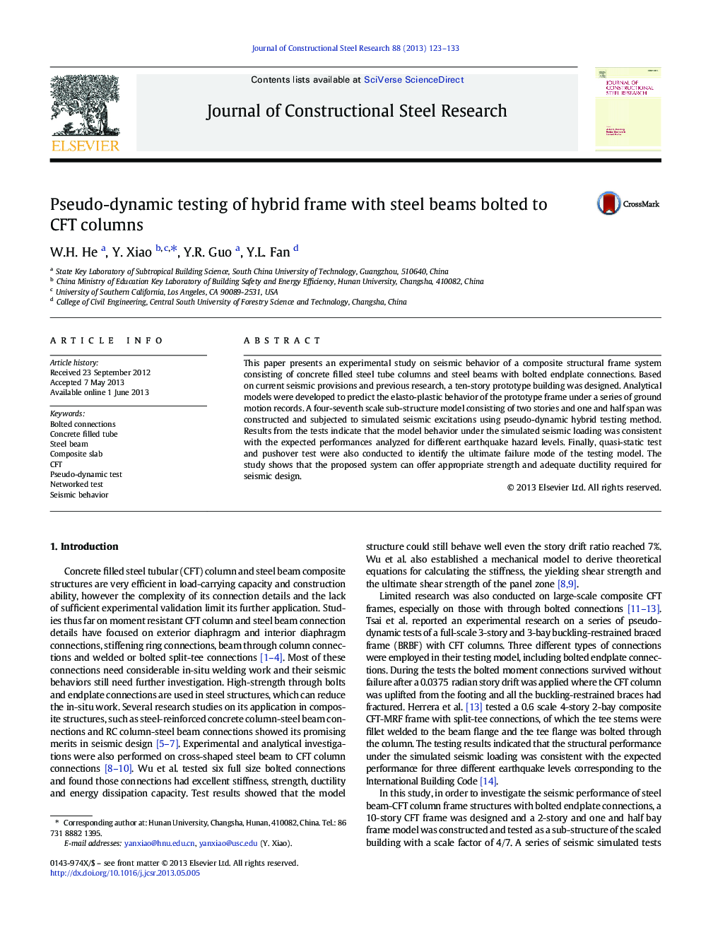 Pseudo-dynamic testing of hybrid frame with steel beams bolted to CFT columns