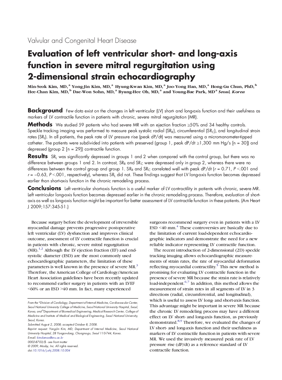 Evaluation of left ventricular short- and long-axis function in severe mitral regurgitation using 2-dimensional strain echocardiography