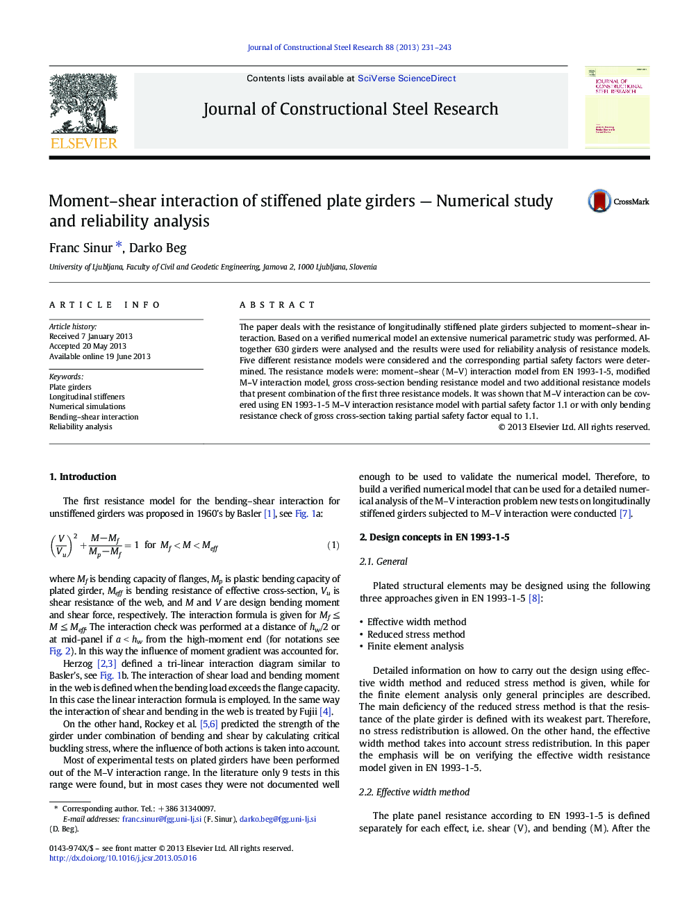 Moment–shear interaction of stiffened plate girders — Numerical study and reliability analysis