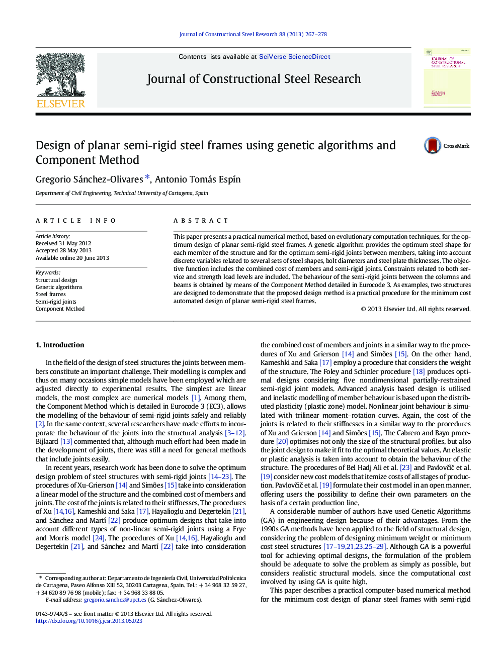 Design of planar semi-rigid steel frames using genetic algorithms and Component Method