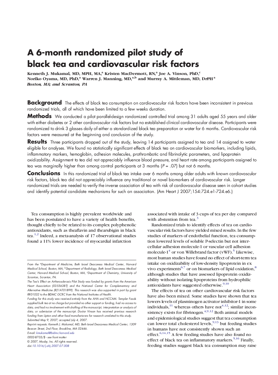 A 6-month randomized pilot study of black tea and cardiovascular risk factors