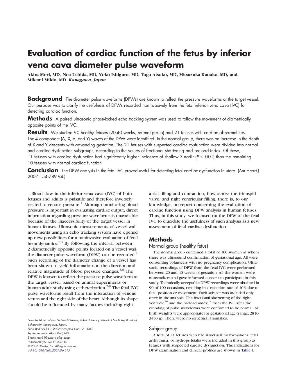 عکس صفحه اول مقاله: Evaluation of cardiac function of the fetus by inferior vena cava diameter pulse waveform Evaluation of cardiac function of the fetus by inferior vena cava diameter pulse waveform