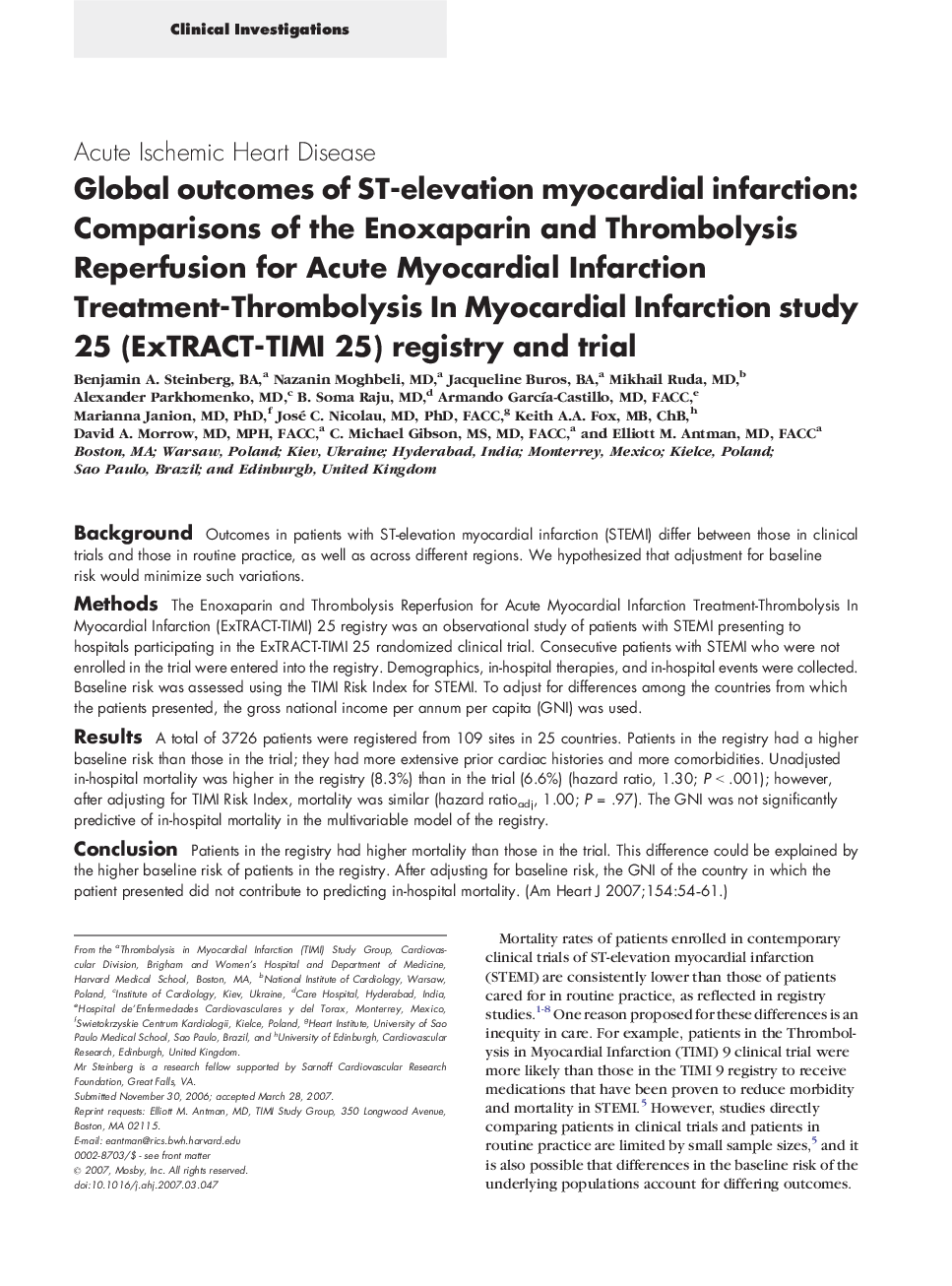 Global outcomes of ST-elevation myocardial infarction: Comparisons of the Enoxaparin and Thrombolysis Reperfusion for Acute Myocardial Infarction Treatment-Thrombolysis In Myocardial Infarction study 25 (ExTRACT-TIMI 25) registry and trial 