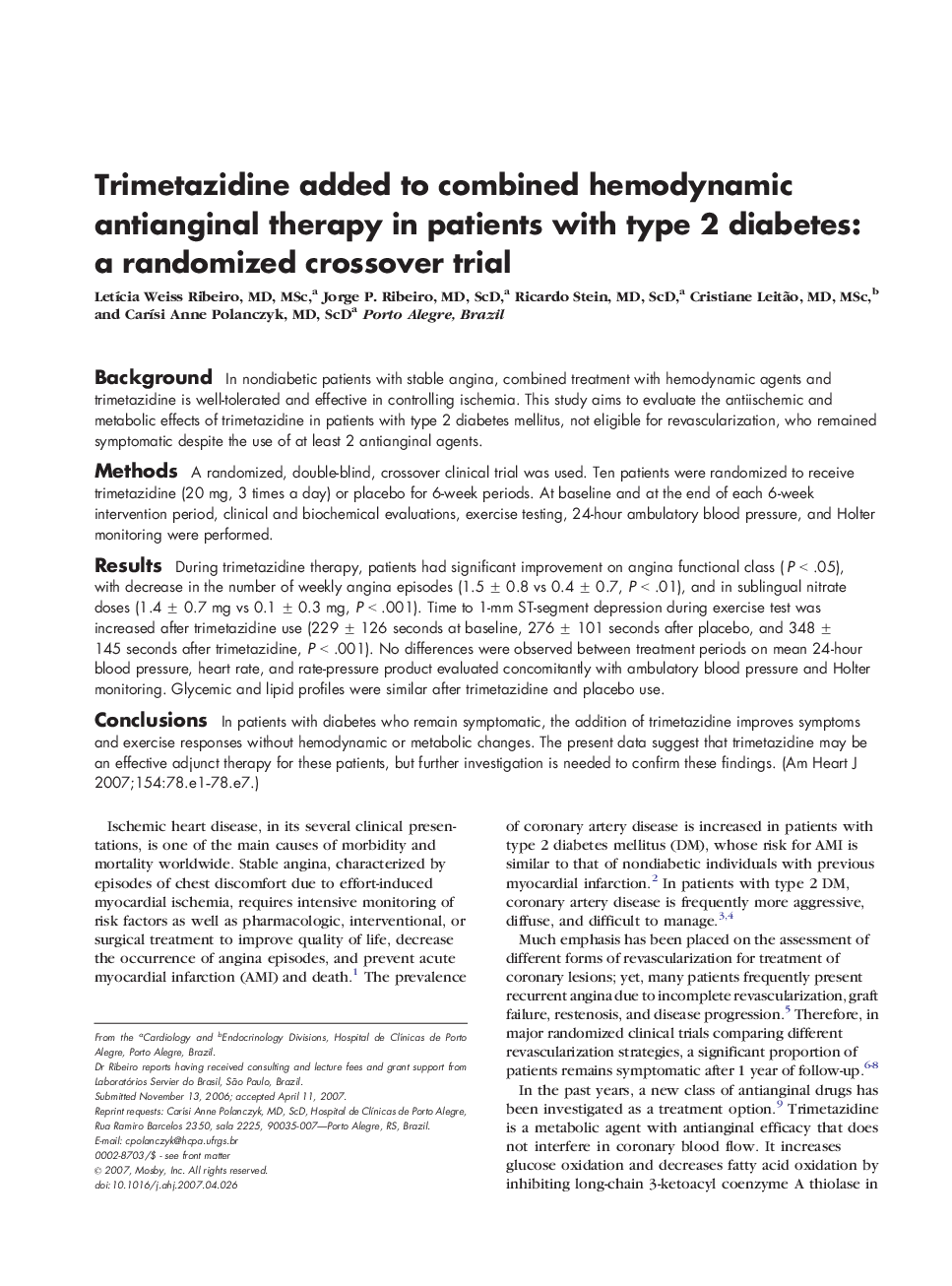 Trimetazidine added to combined hemodynamic antianginal therapy in patients with type 2 diabetes: a randomized crossover trial