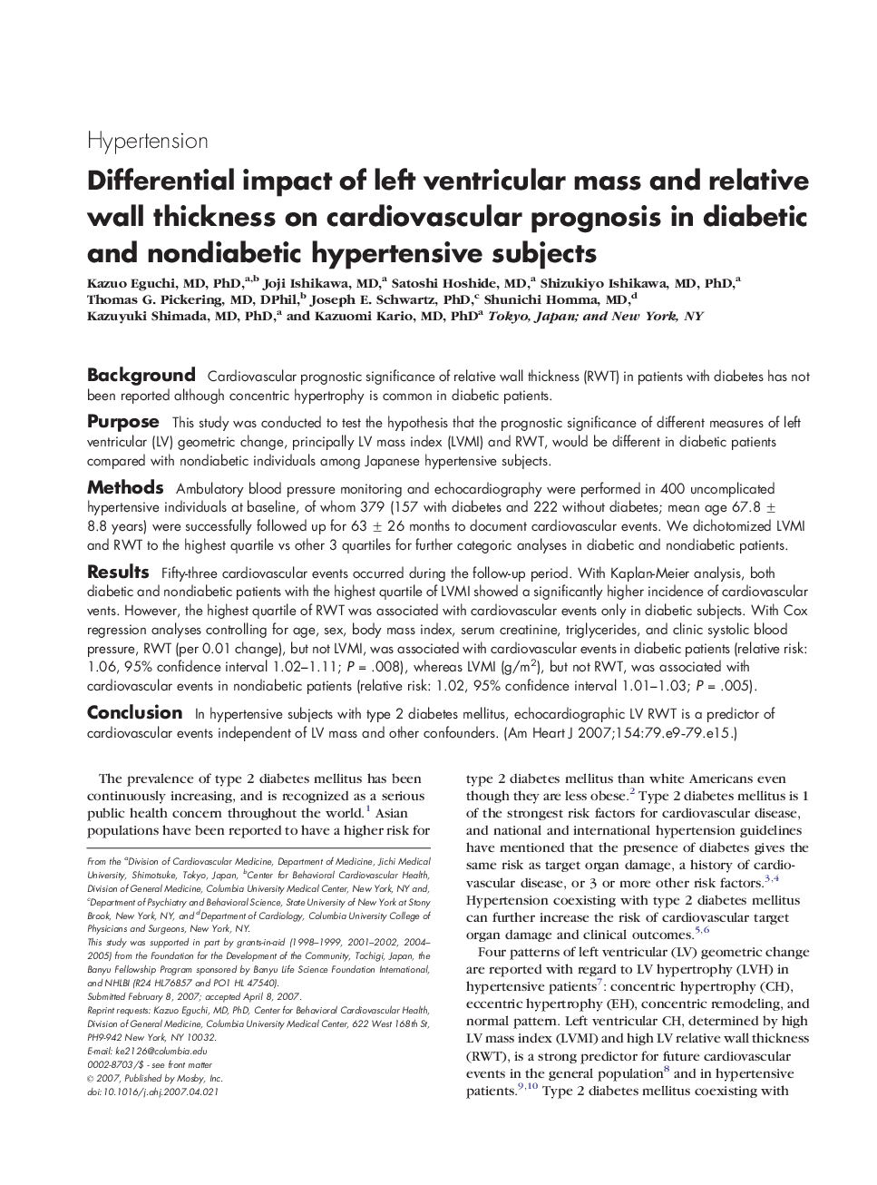 Differential impact of left ventricular mass and relative wall thickness on cardiovascular prognosis in diabetic and nondiabetic hypertensive subjects