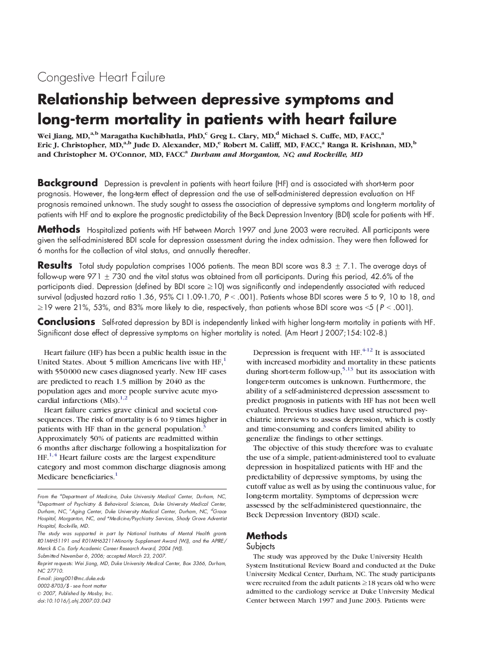 Relationship between depressive symptoms and long-term mortality in patients with heart failure 