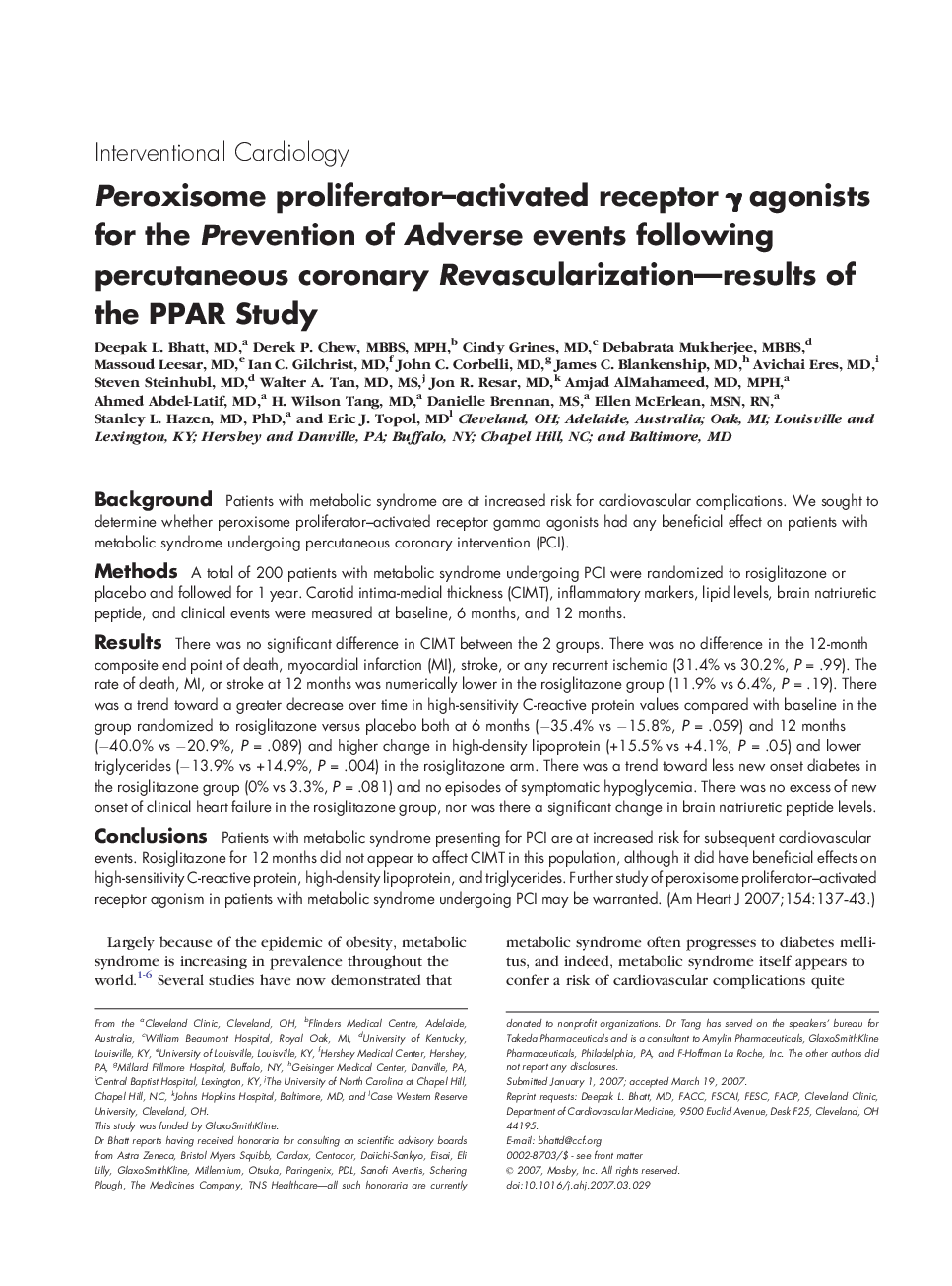 Peroxisome proliferator–activated receptor γ agonists for the Prevention of Adverse events following percutaneous coronary Revascularization—results of the PPAR Study 