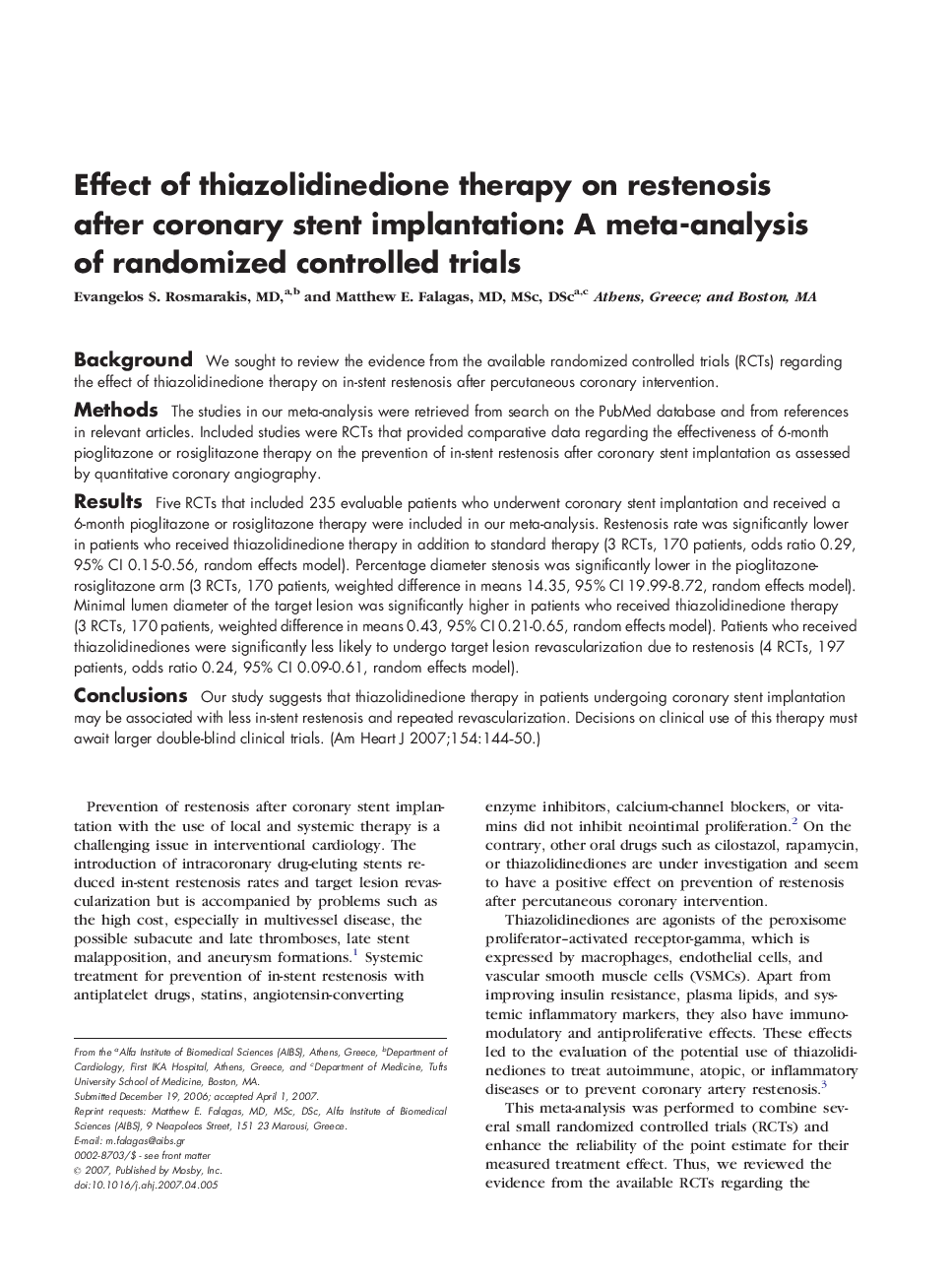 Effect of thiazolidinedione therapy on restenosis after coronary stent implantation: A meta-analysis of randomized controlled trials
